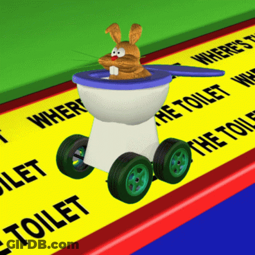 A Cartoon Rabbit Is Sitting In A Toilet With Wheels GIF