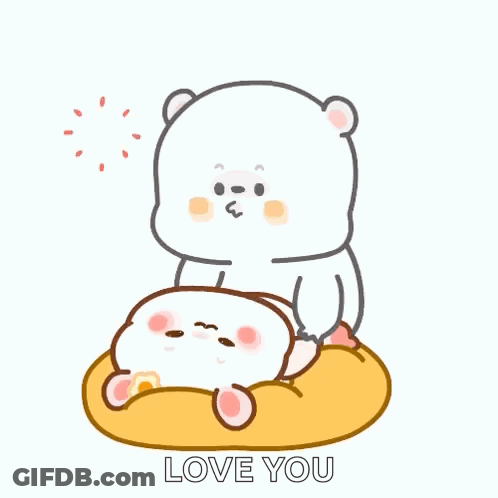A Cartoon Rabbit Is Sitting On A Pillow With A Heart And The Words `` Love You '' Written Above It . GIF