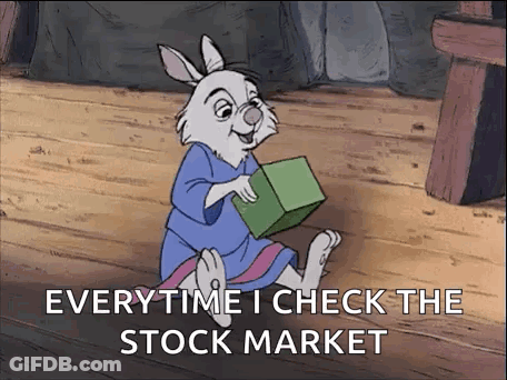 A Cartoon Rabbit Is Sitting On The Floor Holding A Green Box And Saying `` Everytime I Check The Stock Market '' . GIF