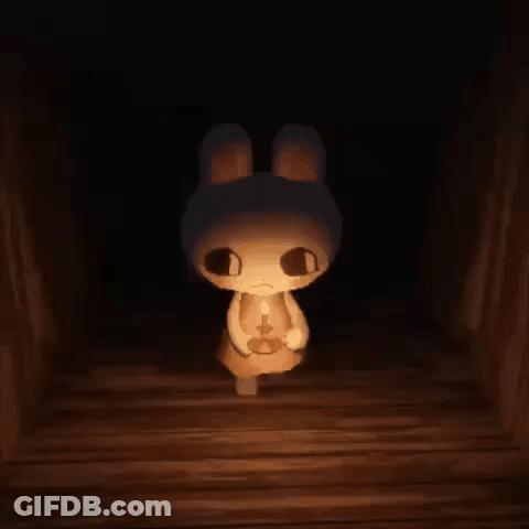 A Cartoon Rabbit Is Standing In A Dark Room Holding A Lamp . GIF