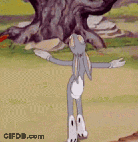 A Cartoon Rabbit Is Standing In Front Of A Tree With His Arms Outstretched . GIF