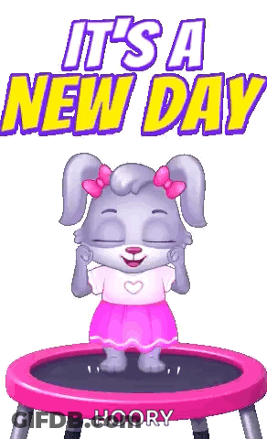 A Cartoon Rabbit Is Standing On A Pink Trampoline And Says It 'S A New Day GIF