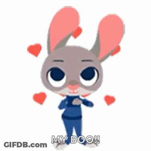 A Cartoon Rabbit Is Surrounded By Hearts And Has The Words `` My Boo '' Written On It . GIF