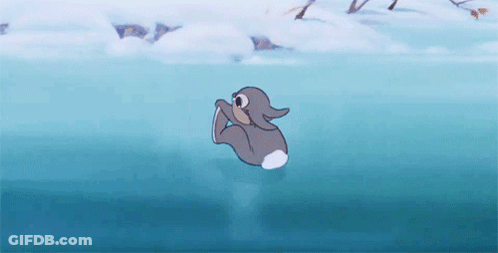 A Cartoon Rabbit Is Swimming In A Lake . GIF