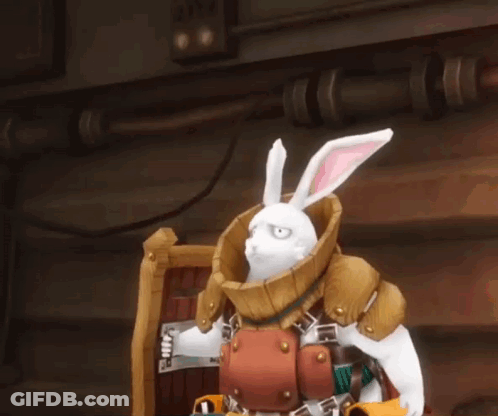 A Cartoon Rabbit Is Wearing A Wooden Bucket On Its Head GIF