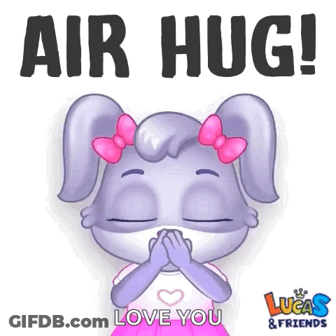 A Cartoon Rabbit Wearing A Mask And A Pink Bow Is Saying `` Air Hug ! Love You '' . GIF