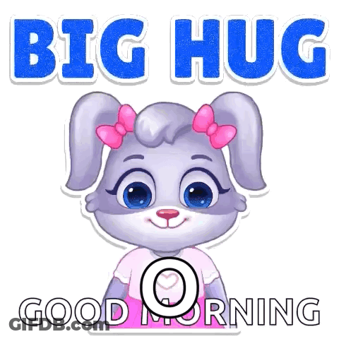 A Cartoon Rabbit With A Pink Bow On Her Head Is Giving A Big Hug And Saying Good Morning . GIF
