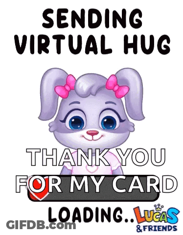 A Cartoon Rabbit With A Pink Bow On Her Head Is Saying Thank You For My Card Loading ... Lucas & Friends . GIF