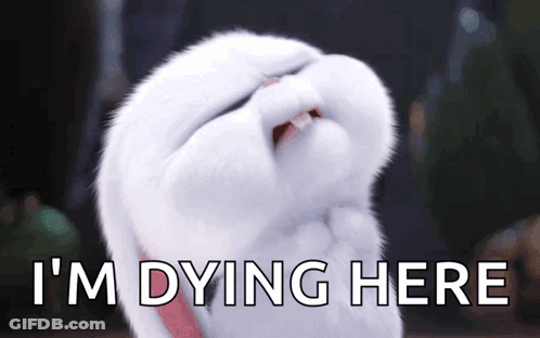 A Cartoon Rabbit With Its Mouth Open And The Words `` I 'M Dying Here '' Below It . GIF