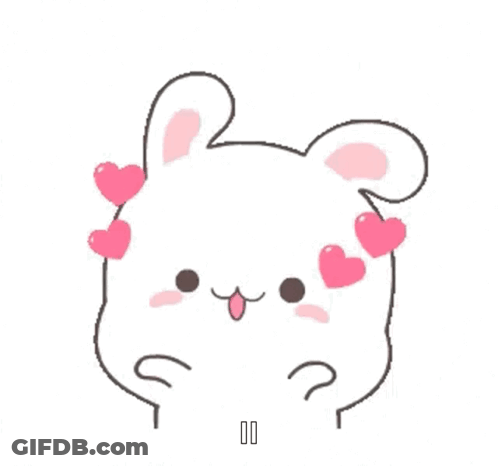 A Cartoon Rabbit With Pink Hearts On Its Ears And A Question Mark . GIF