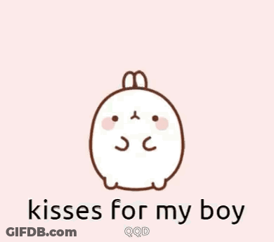 A Cartoon Rabbit With Two Hearts On Its Head And The Words `` Kisses For My Boy '' Written Below It . GIF
