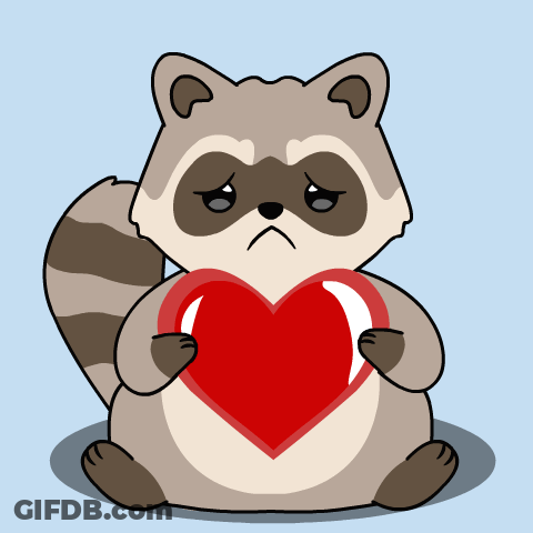 A Cartoon Raccoon Is Holding A Red Heart With A Sad Look On Its Face GIF
