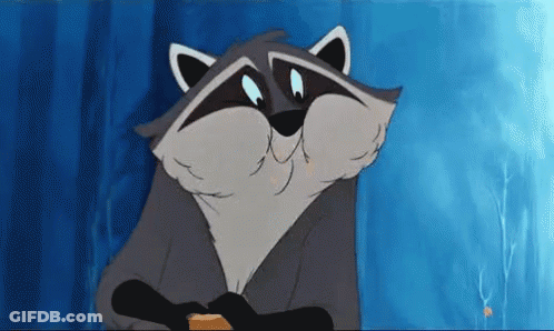 A Cartoon Raccoon Is Sitting In Front Of A Blue Curtain And Eating A Piece Of Bread . GIF