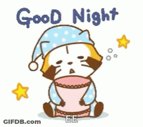 A Cartoon Raccoon Is Sitting On A Pillow And Holding A Cup And Saying `` Good Night '' . GIF
