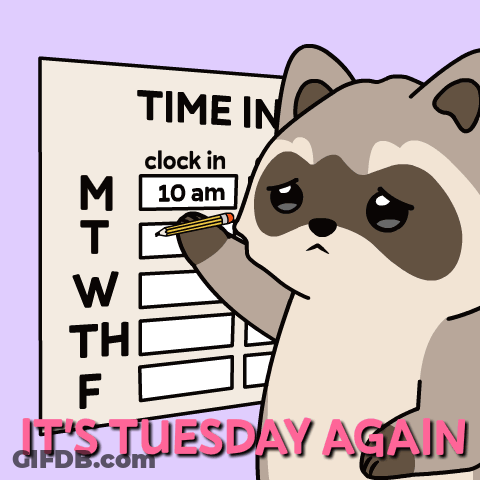 A Cartoon Raccoon Is Writing On A Paper That Says Time In Clock In GIF