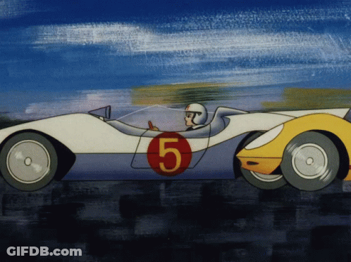 A Cartoon Race Car With The Number 5 On The Side GIF