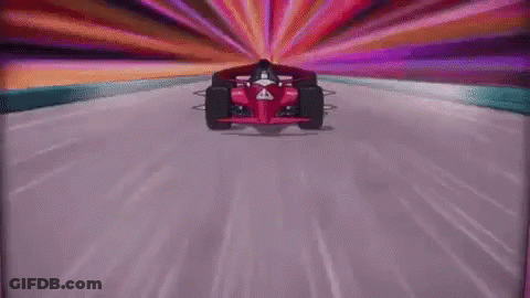 A Cartoon Racing Car Is Driving Down A Road With A Purple Background . GIF