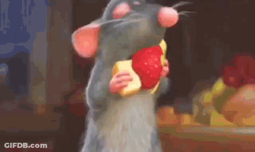 A Cartoon Rat Is Eating A Piece Of Cheese And A Strawberry . GIF