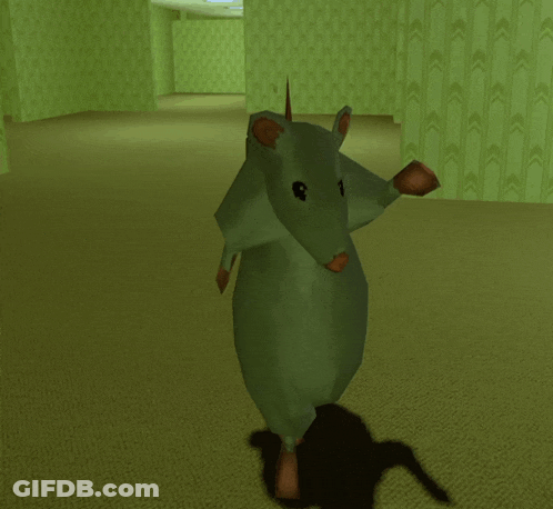 A Cartoon Rat Is Standing In A Hallway With Green Wallpaper GIF