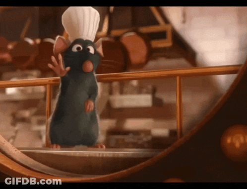 A Cartoon Rat Wearing A Chef 'S Hat Is Standing On A Balcony GIF