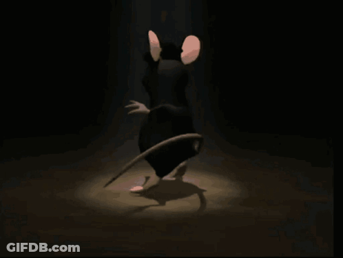 A Cartoon Rat Wearing A Top Hat Is Standing In A Dark Room GIF