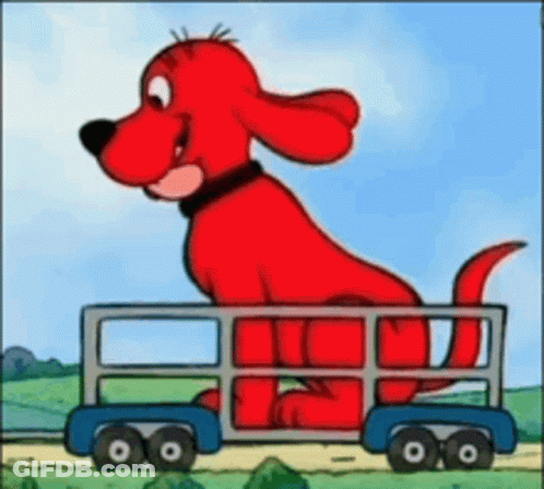 A Cartoon Red Dog Is Riding On The Back Of A Truck . GIF