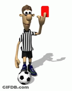 A Cartoon Referee Is Holding Up A Red Card While Standing Next To A Soccer Ball GIF