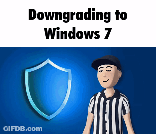 A Cartoon Referee Stands In Front Of A Shield With The Words Downgrading To Windows 7 GIF