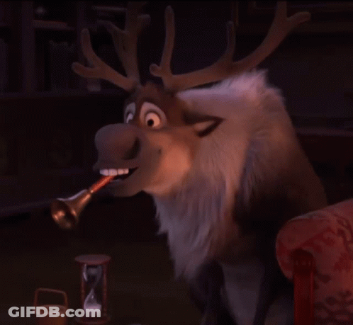 A Cartoon Reindeer Is Blowing A Trumpet In Front Of An Hourglass GIF
