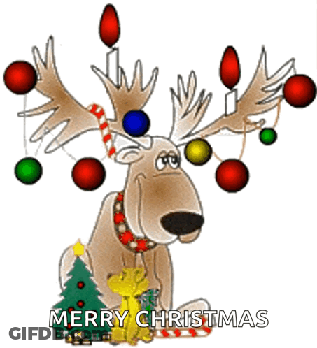 A Cartoon Reindeer With Christmas Decorations On Its Antlers And The Words Merry Christmas On The Bottom GIF