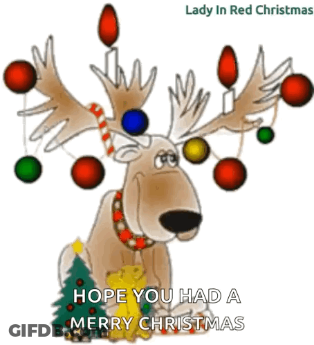 A Cartoon Reindeer With Christmas Decorations On Its Antlers GIF