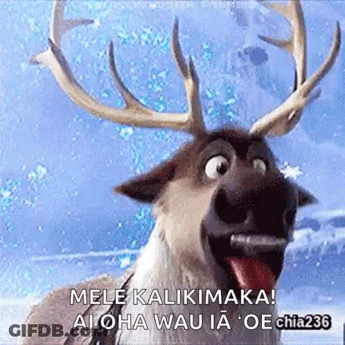 A Cartoon Reindeer With Its Tongue Out And The Words Mele Kalikimaka Aloha Wau Ia Oe Chia236 GIF