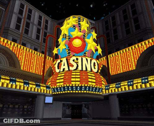 A Cartoon Rendering Of A Casino With Neon Lights GIF