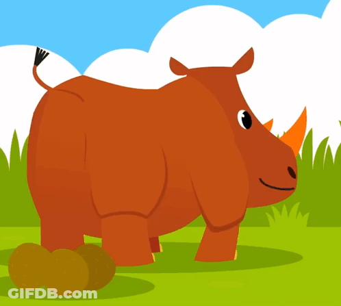 A Cartoon Rhino Is Standing In A Grassy Field With Its Mouth Open GIF