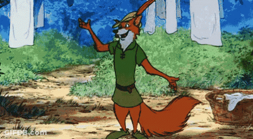 A Cartoon Robin Hood Is Standing In Front Of A Clothes Line GIF