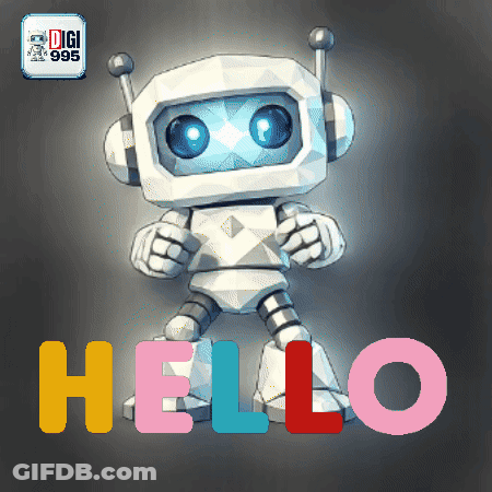 A Cartoon Robot Is Standing In Front Of A Sign That Says Hello GIF