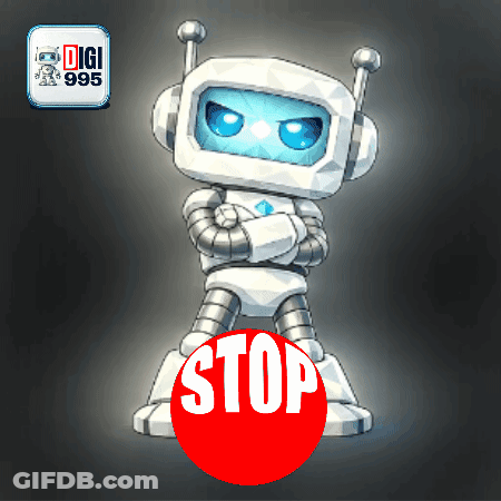 A Cartoon Robot Is Standing On A Stop Sign GIF