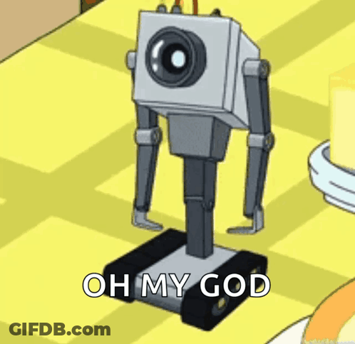 A Cartoon Robot Is Standing On A Yellow Floor And Says Oh My God . GIF