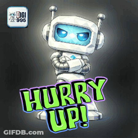 A Cartoon Robot Says Hurry Up On A Black Background GIF