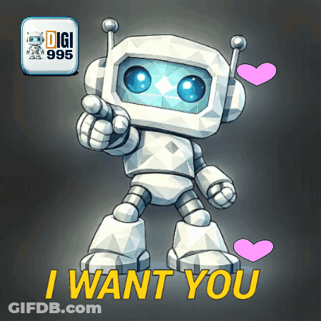 A Cartoon Robot Says " I Want You " While Pointing At The Viewer GIF