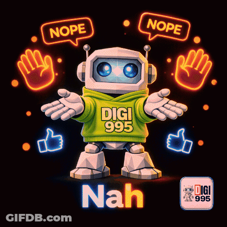 A Cartoon Robot Wearing A Green Digi 995 Sweatshirt GIF