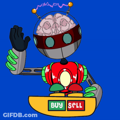 A Cartoon Robot With A Brain On His Head Holds A Sign That Says Buy And Sell GIF