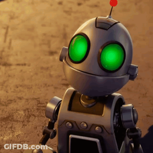 A Cartoon Robot With Green Eyes And A Red Top GIF