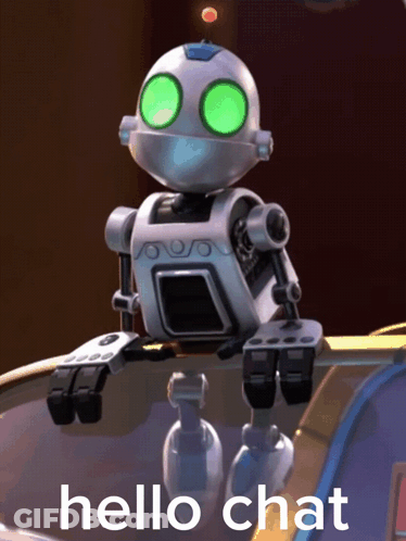 A Cartoon Robot With Green Eyes Is Sitting On A Table And Says Hello Chat GIF
