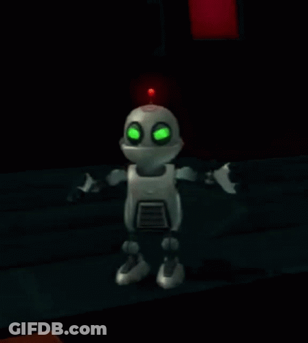 A Cartoon Robot With Green Eyes Is Standing In A Dark Room With A Red Light In The Background . GIF