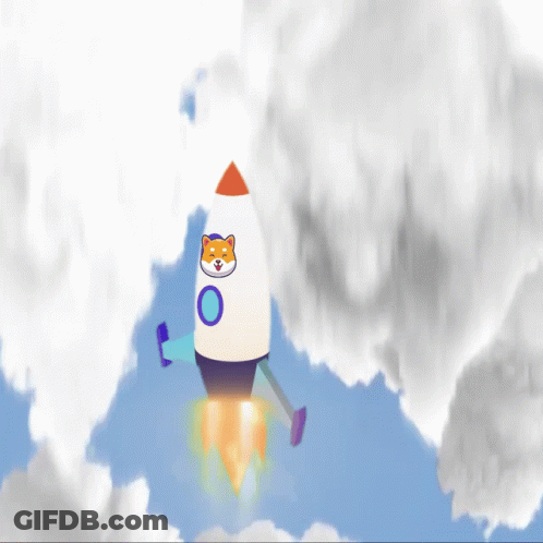 A Cartoon Rocket With A Dog On It Is Flying Through The Clouds GIF