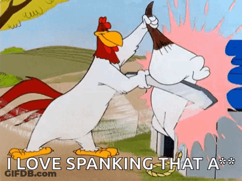 A Cartoon Rooster Is Spanking Another Rooster With A Broom GIF