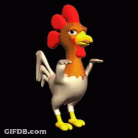 A Cartoon Rooster With A Red Crest Is Dancing On A Black Background . GIF
