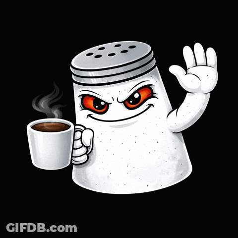 A Cartoon Salt Shaker Holding A Cup Of Coffee GIF