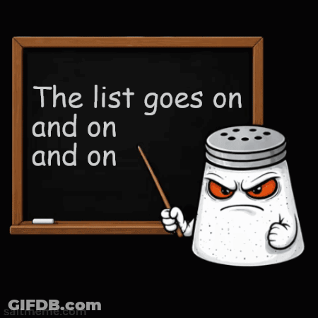 A Cartoon Salt Shaker Is Pointing At A Blackboard That Says The List Goes On And On And On GIF